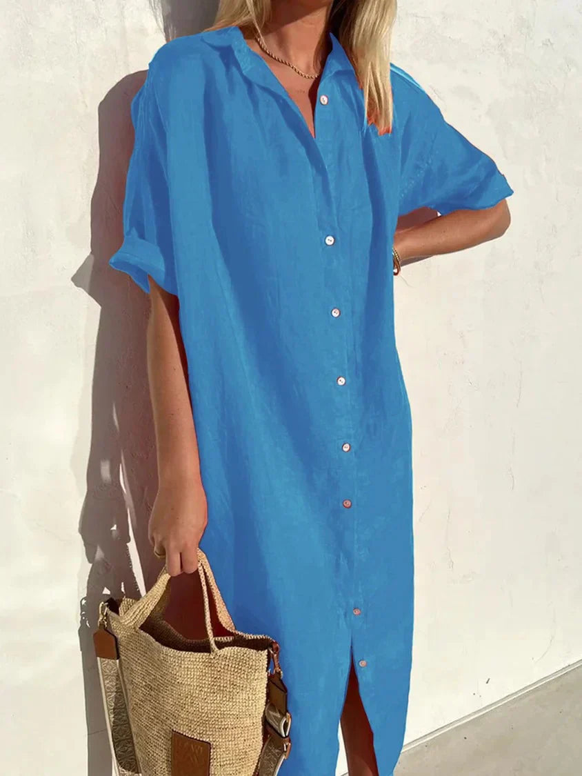 Abito in lino - Abito chemisier da donna con colletto, maniche corte e bottoni-Blu-XS-Modasso