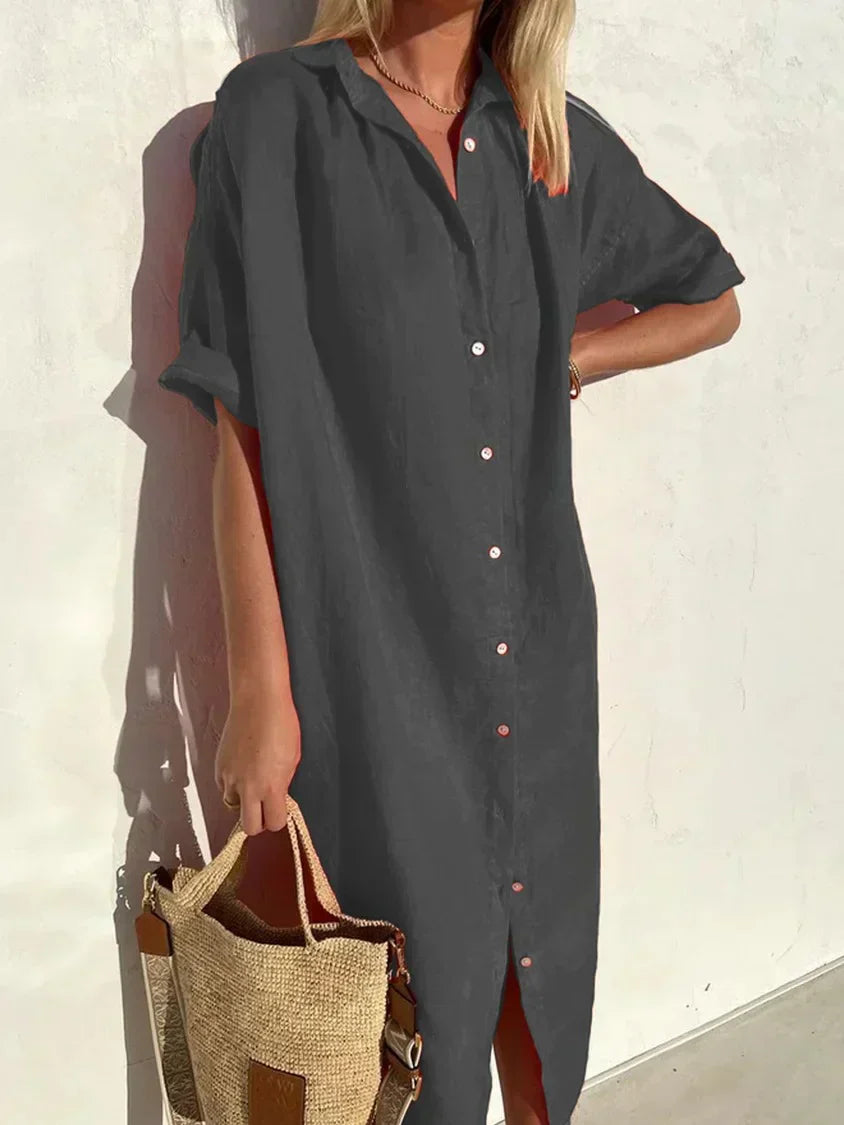 Abito in lino - Abito chemisier da donna con colletto, maniche corte e bottoni-Grigio Scuro-XS-Modasso