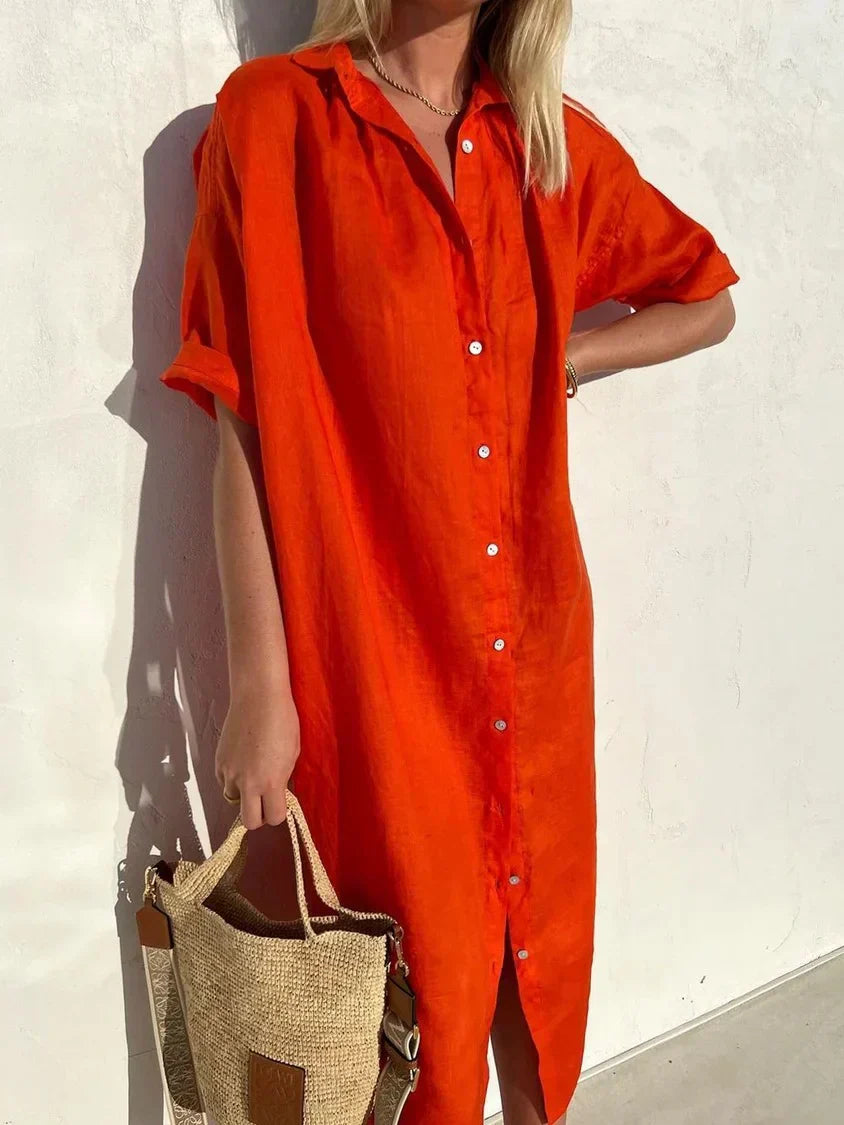 Abito in lino - Abito chemisier da donna con colletto, maniche corte e bottoni-Rosso-XS-Modasso
