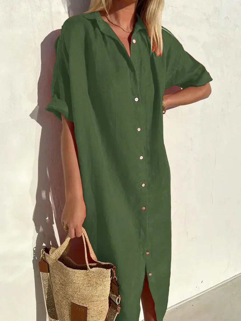 Abito in lino - Abito chemisier da donna con colletto, maniche corte e bottoni-Verde Oliva-XS-Modasso