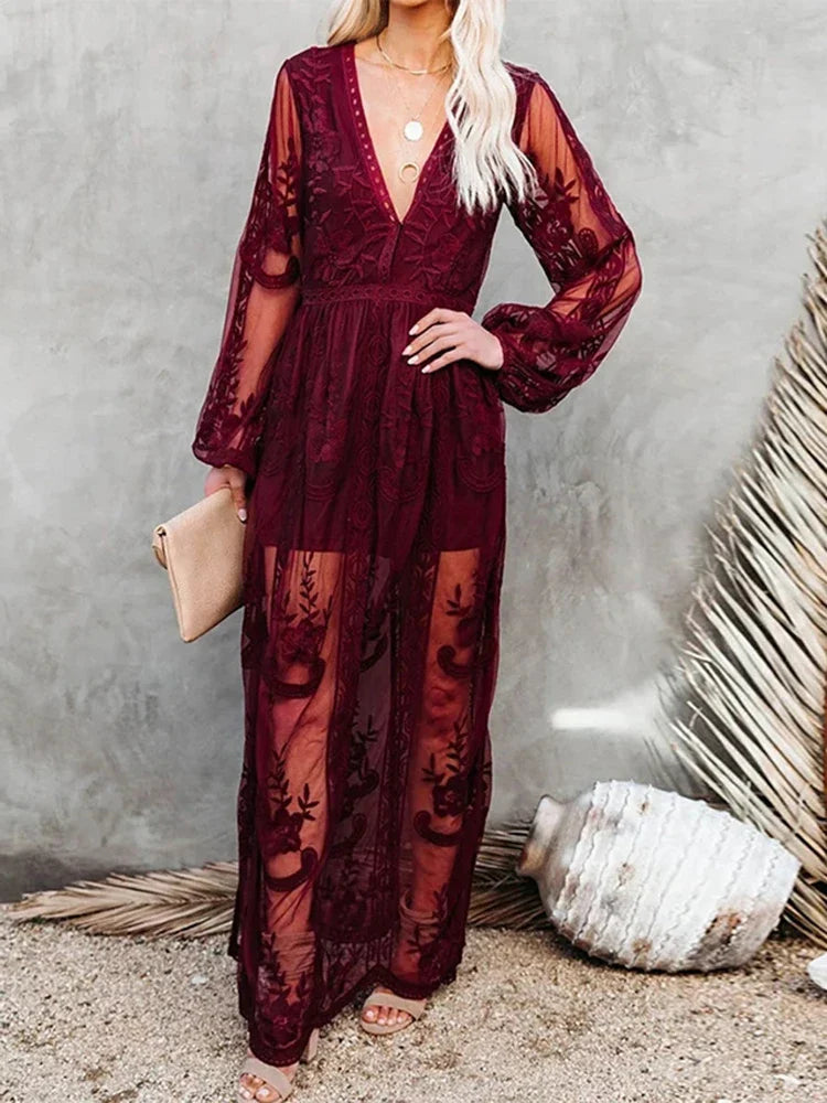Abito in pizzo, Scollo a V, Maniche lunghe, Abito maxi, Abito estivo-Modaso