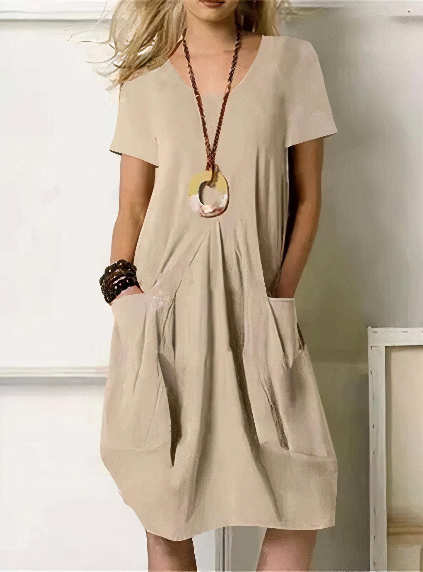 Abito midi | Maniche corte | Vestibilità ampia | Abito estivo | Abito casual-Beige-S-Modasso
