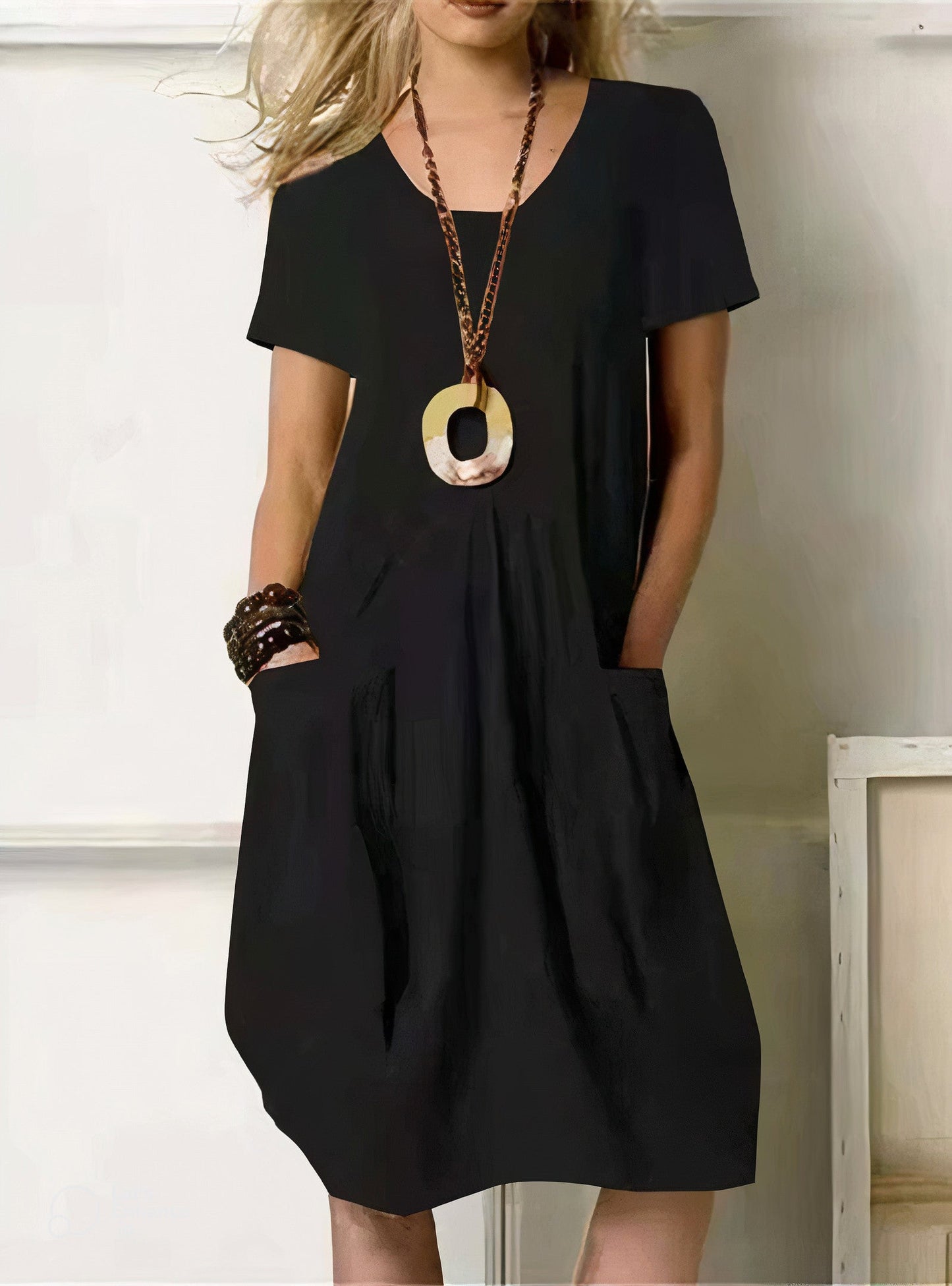 Abito midi | Maniche corte | Vestibilità ampia | Abito estivo | Abito casual-Nero-S-Modasso