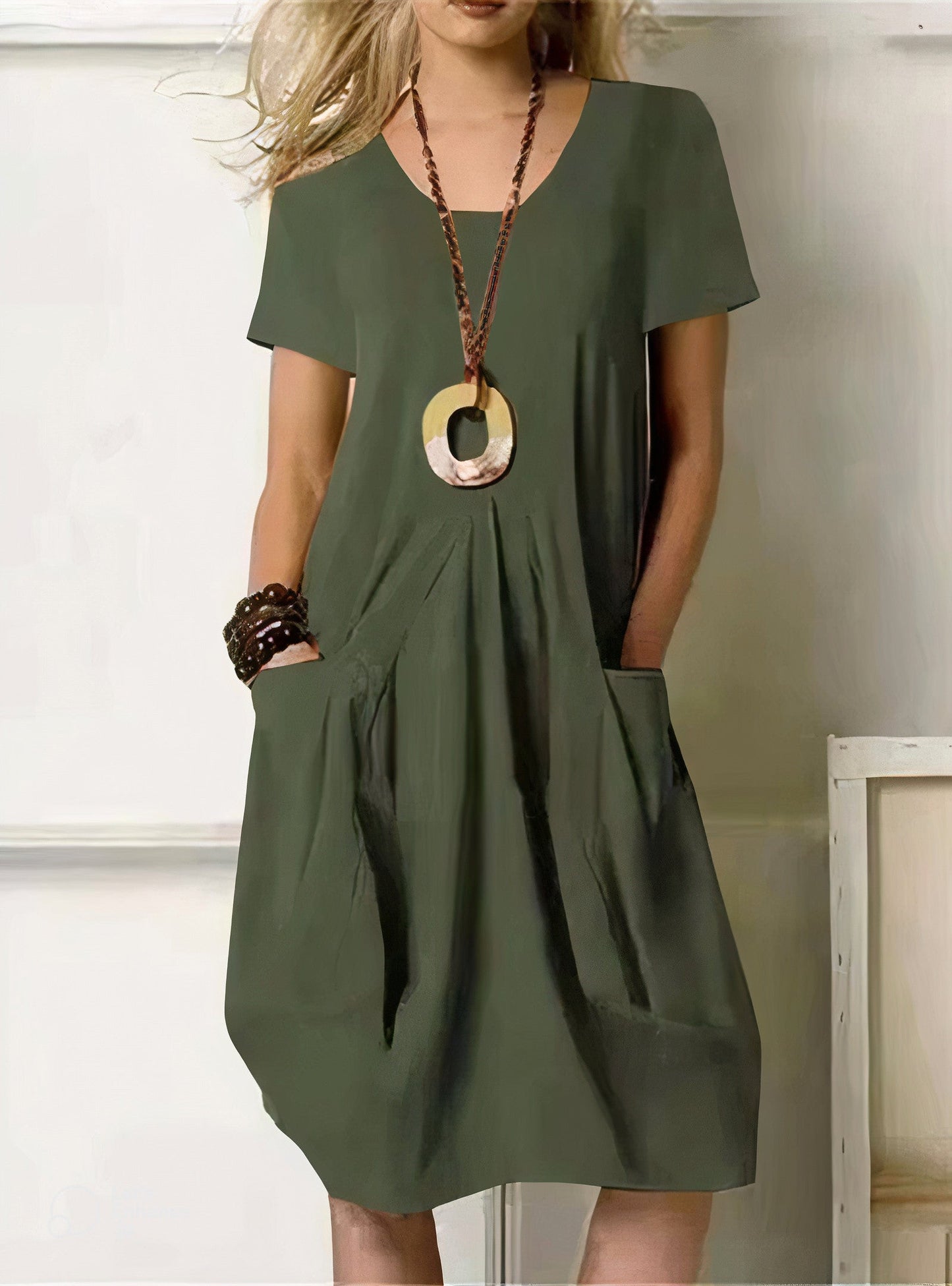 Abito midi | Maniche corte | Vestibilità ampia | Abito estivo | Abito casual-Verde-S-Modasso