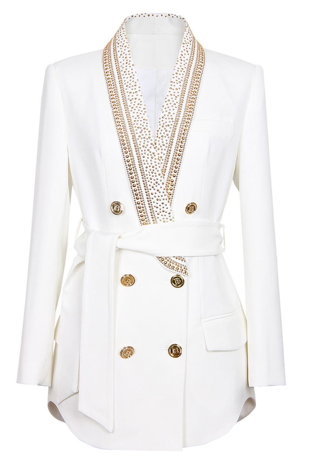 Blazer bianco - Doppiopetto - Dettagli dorati - Blazer con cintura - Abbigliamento donna-Bianco-S-Modasso