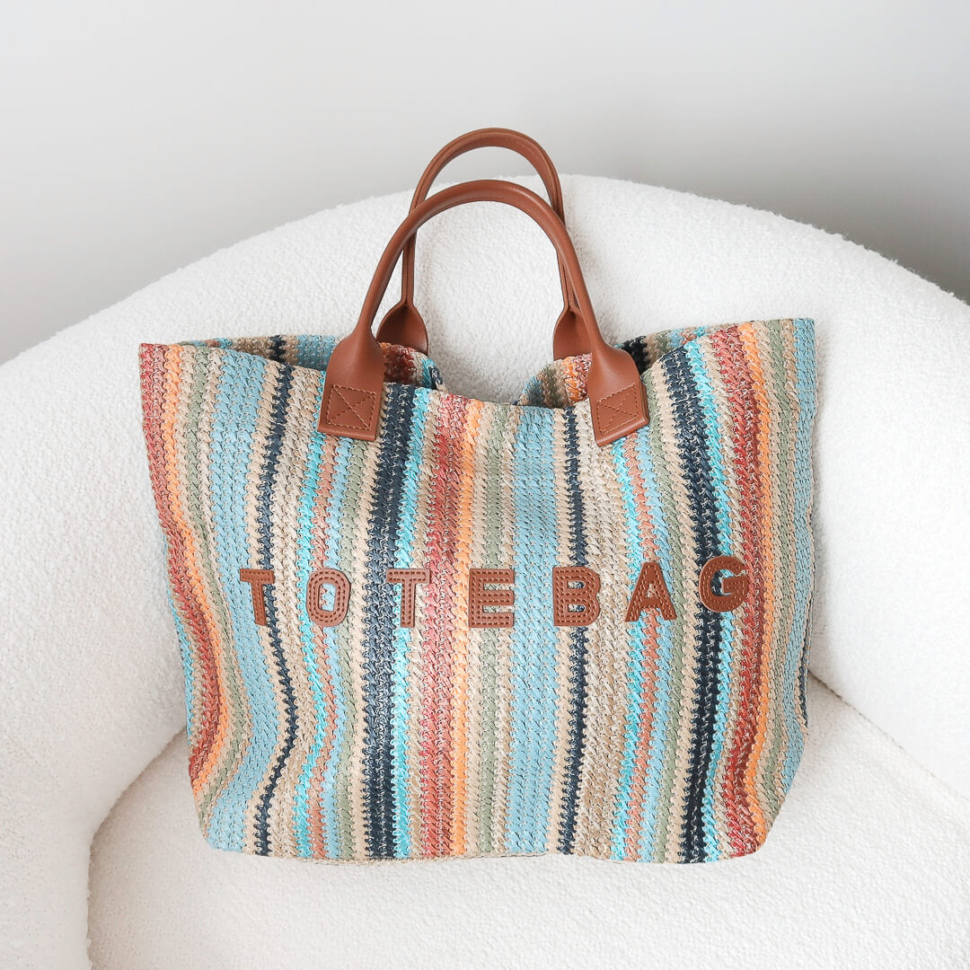 Borsa Mare Intrecciata, Tote a Righe Multicolore-Modaso
