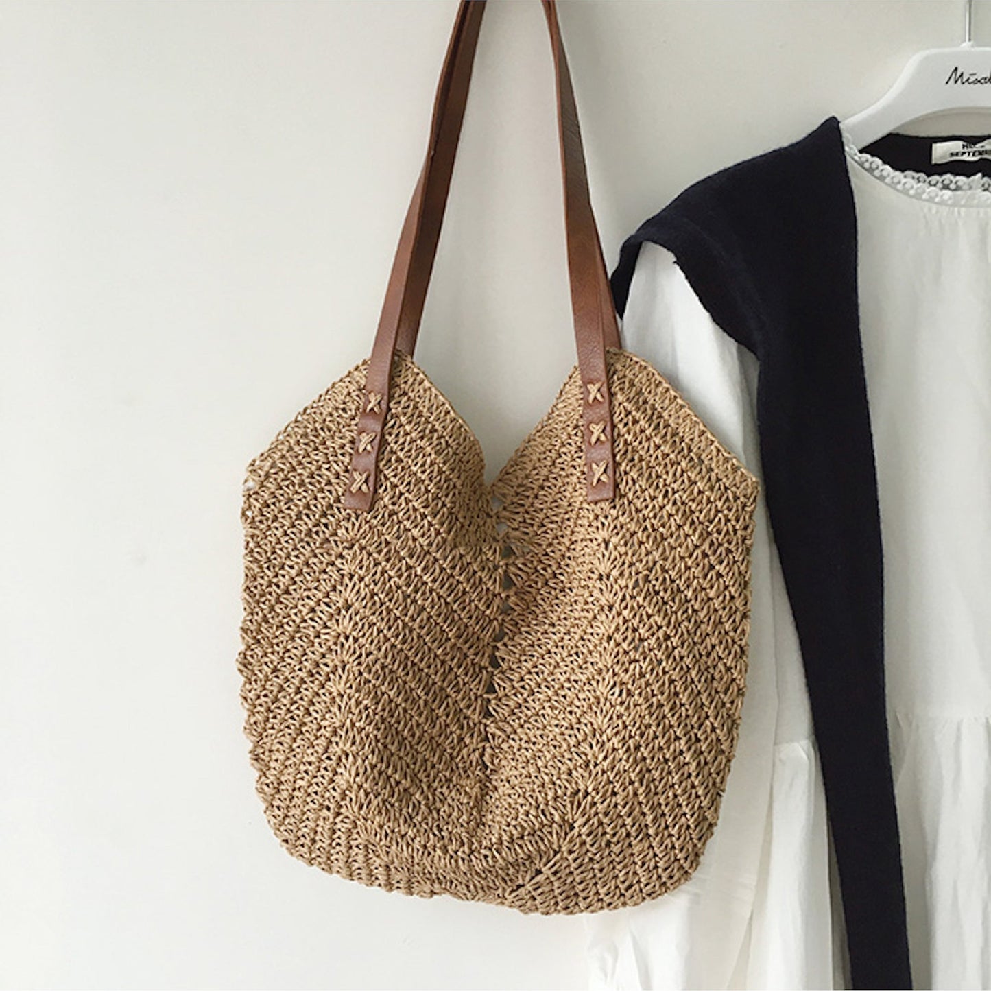 Borsa da spiaggia - Borsa a tracolla grande da donna in paglia-Marrone-Modasso