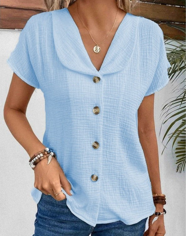 Camicetta - Camicetta estiva da donna con bottoni, maniche corte e scollo a V-Blu-S-Modasso