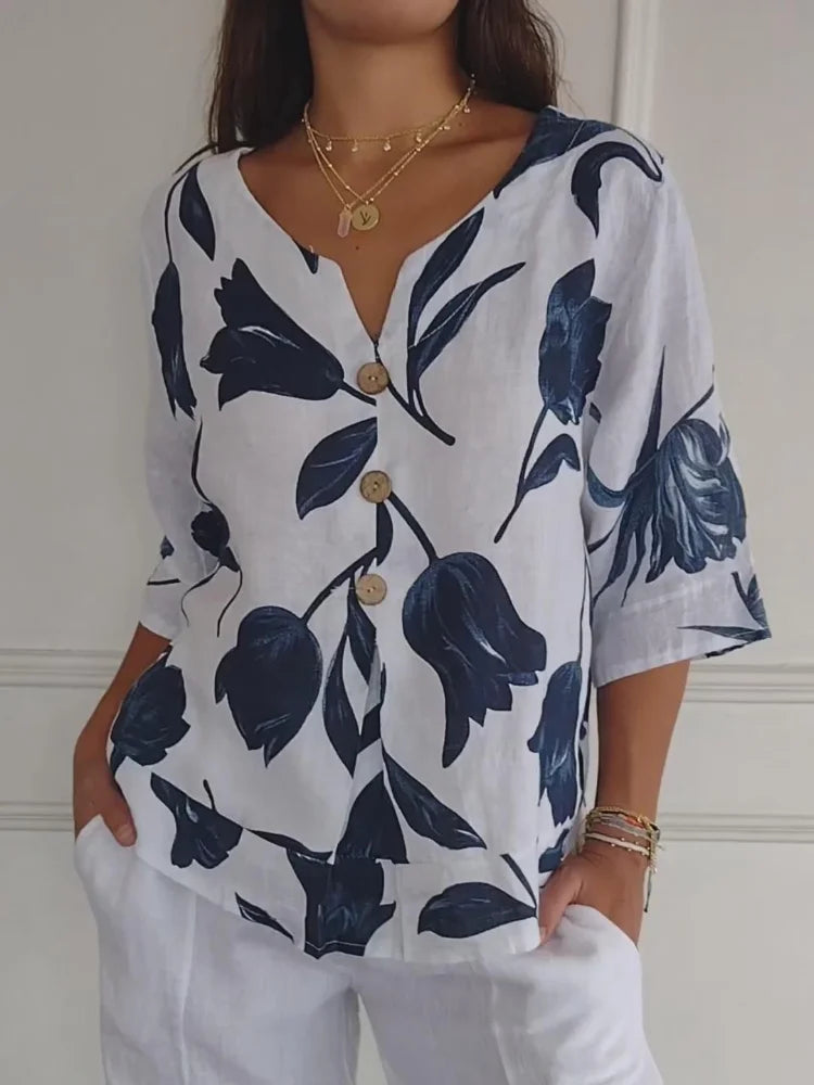 Camicetta Floreale | Oversize | Vestibilità ampia | Camicetta abbottonata | Abbigliamento donna-Bianco-S-Modasso