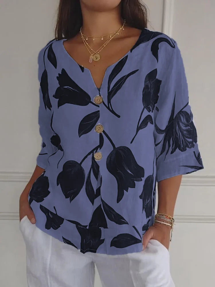 Camicetta Floreale | Oversize | Vestibilità ampia | Camicetta abbottonata | Abbigliamento donna-Blu-S-Modasso