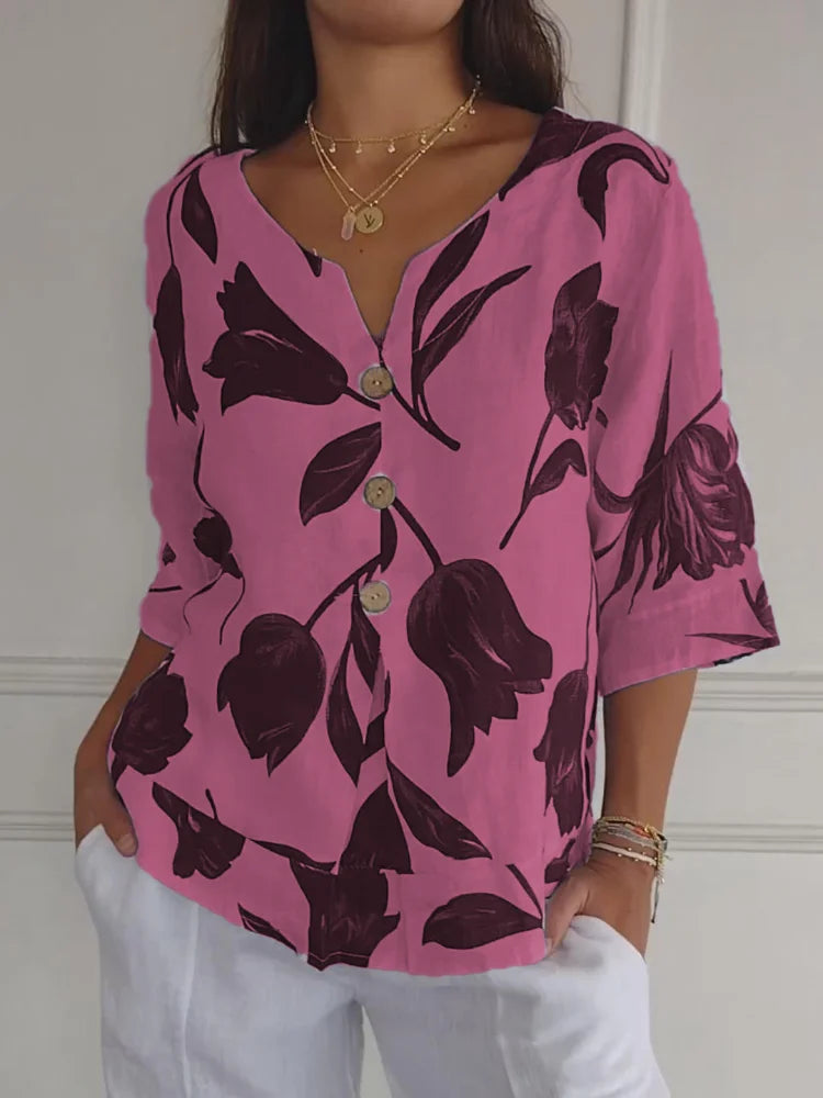 Camicetta Floreale | Oversize | Vestibilità ampia | Camicetta abbottonata | Abbigliamento donna-Rosa-S-Modasso