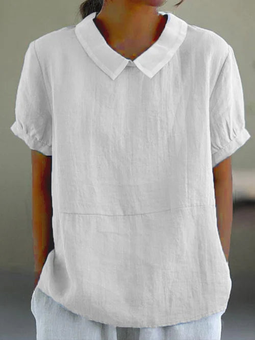Camicetta a maniche corte - Top da donna con colletto e maniche corte, vestibilità ampia-Bianco-S-Modasso