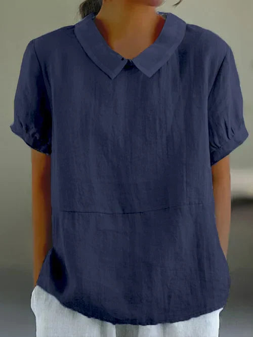 Camicetta a maniche corte - Top da donna con colletto e maniche corte, vestibilità ampia-Blu Scuro-S-Modasso
