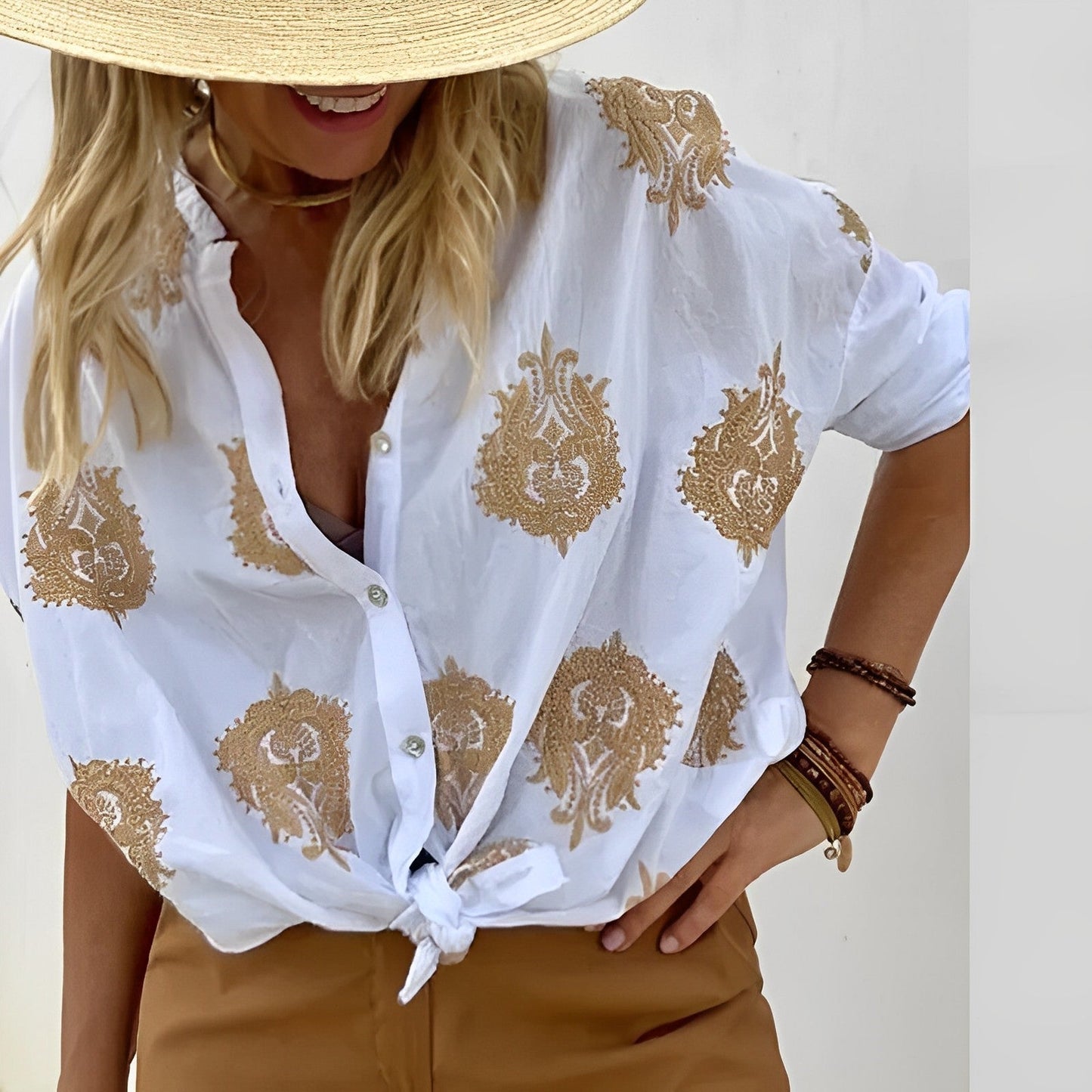 Camicetta abbottonata - Oversize - Manica lunga - Camicetta boho - Top estivi da donna-Bianco-S-Modasso