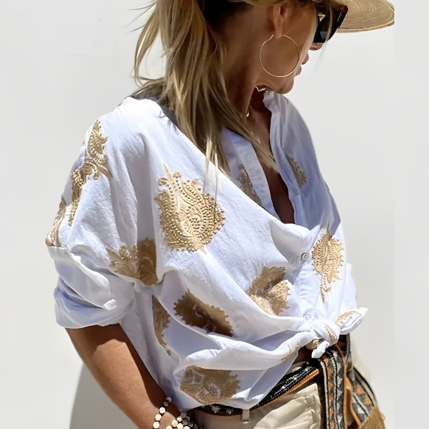 Camicetta abbottonata - Oversize - Manica lunga - Camicetta boho - Top estivi da donna-Modasso