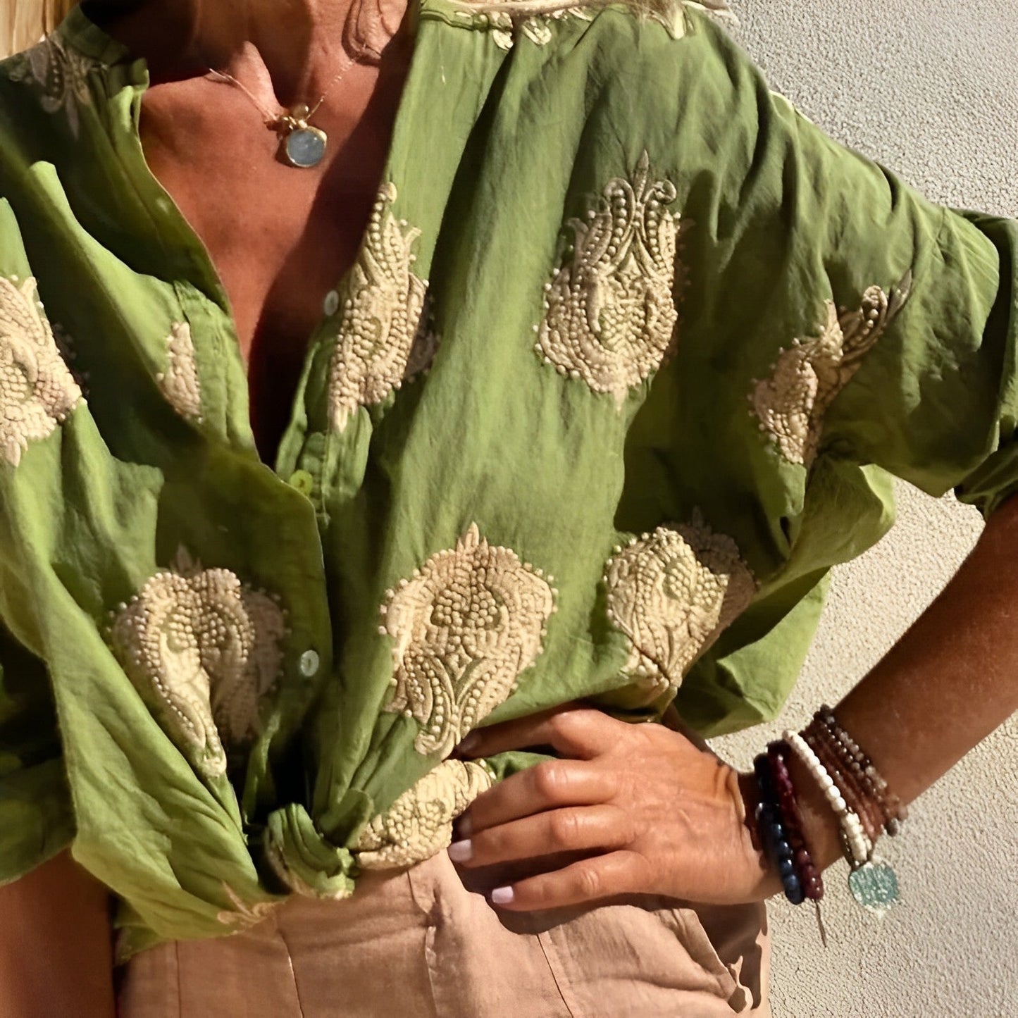 Camicetta abbottonata - Oversize - Manica lunga - Camicetta boho - Top estivi da donna-Verde-S-Modasso