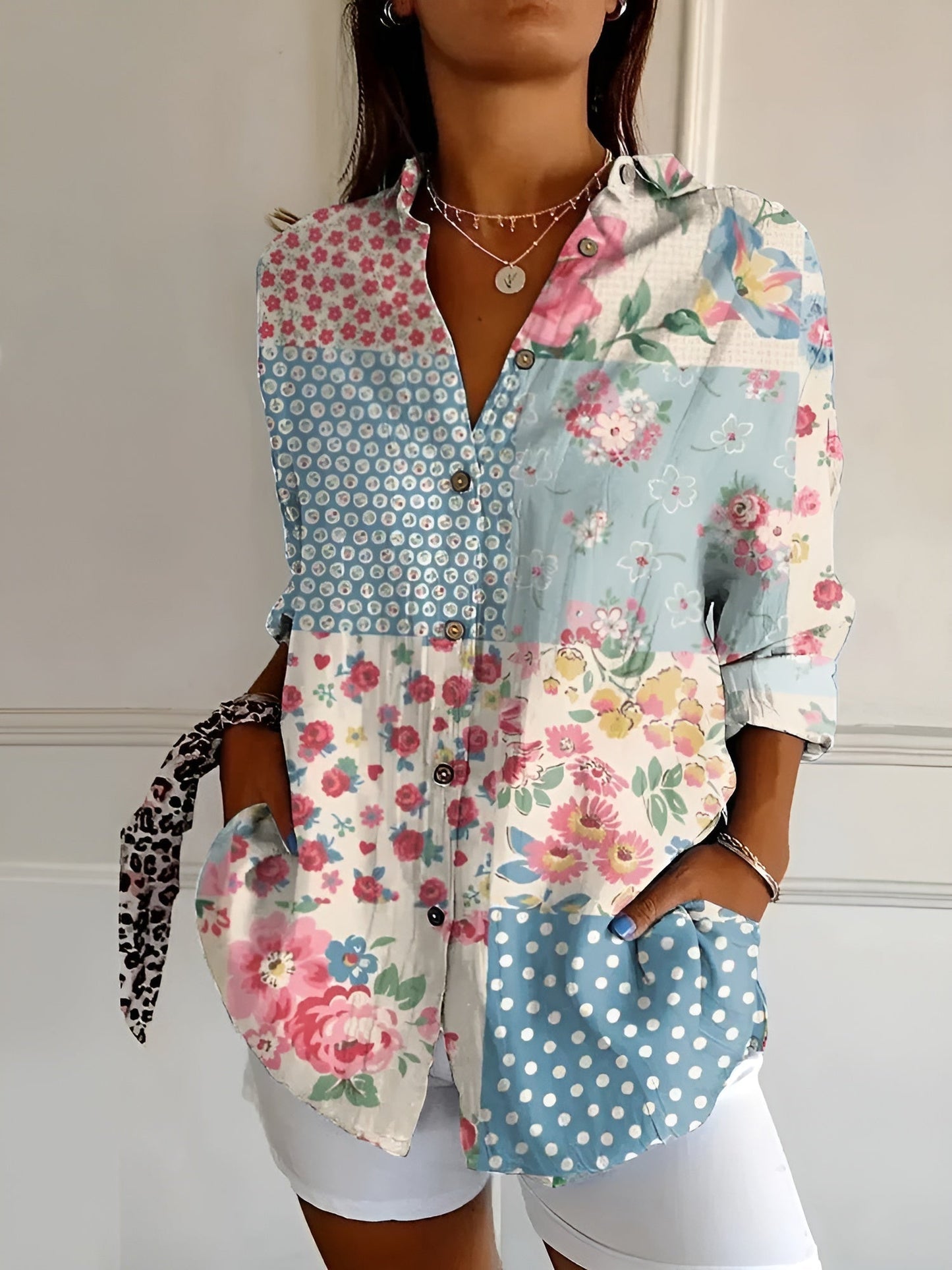 Camicetta abbottonata | Stampata | Vestibilità ampia | Camicetta a maniche lunghe | Camicie abbottonate da donna-Fiore Blu-S (8-10)-Modasso