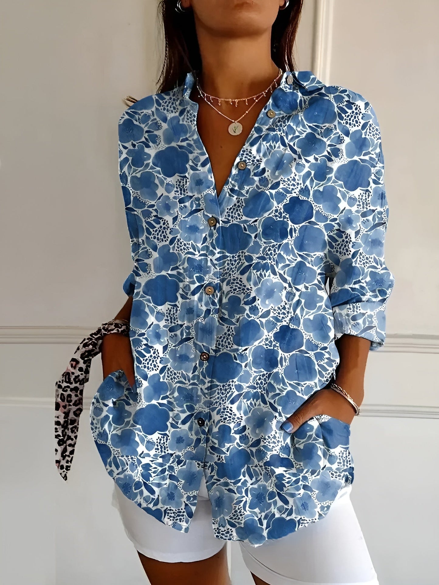 Camicetta abbottonata | Stampata | Vestibilità ampia | Camicetta a maniche lunghe | Camicie abbottonate da donna-Fiore Blu Scuro-S (8-10)-Modasso
