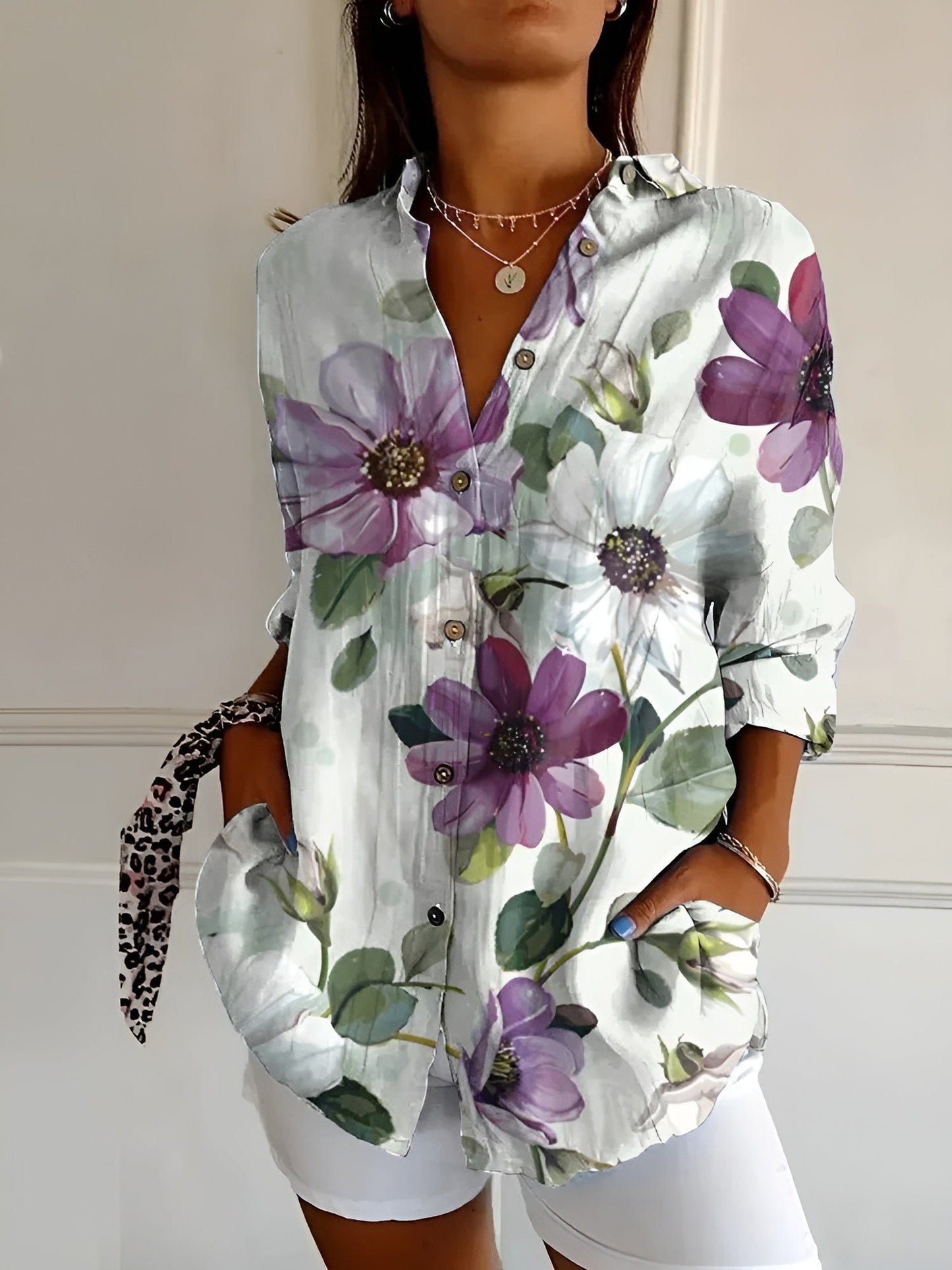 Camicetta abbottonata | Stampata | Vestibilità ampia | Camicetta a maniche lunghe | Camicie abbottonate da donna-Fiori Viola-S (8-10)-Modasso