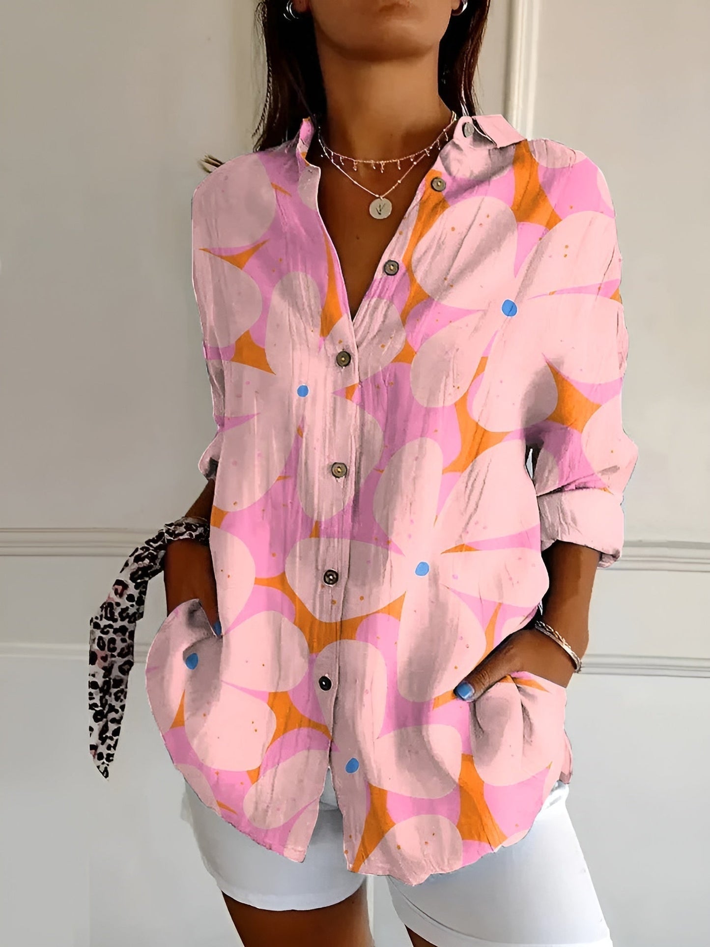 Camicetta abbottonata | Stampata | Vestibilità ampia | Camicetta a maniche lunghe | Camicie abbottonate da donna-Pink Sea Life-S (8-10)-Modasso