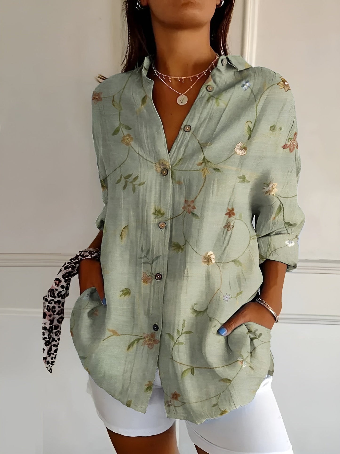 Camicetta abbottonata | Stampata | Vestibilità ampia | Camicetta a maniche lunghe | Camicie abbottonate da donna-Verde-S (8-10)-Modasso