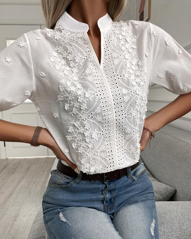 Camicetta bianca - Camicetta da donna elegante a maniche corte ricamata-Modasso