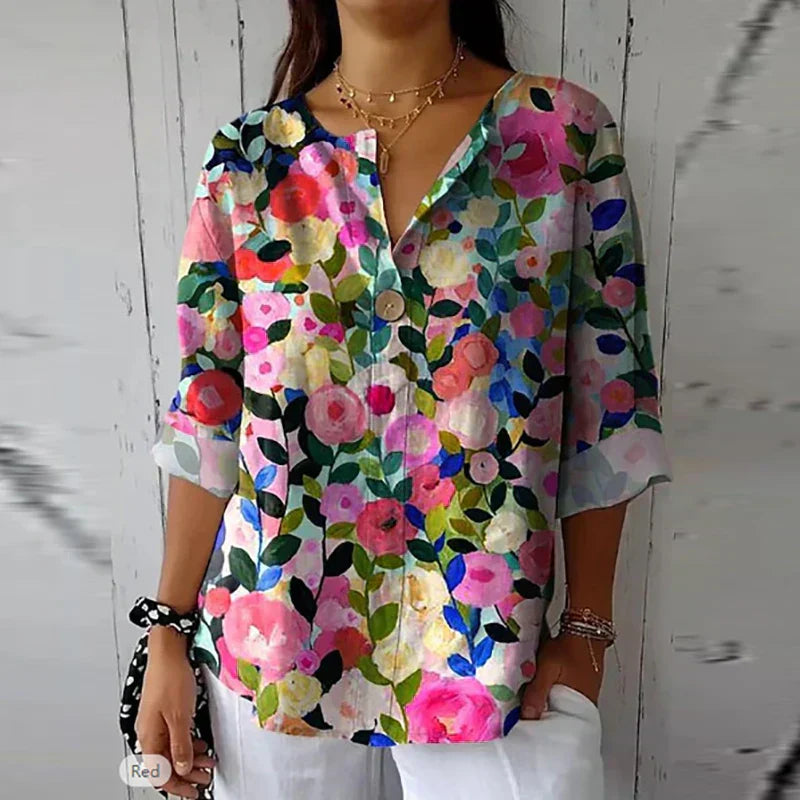 Camicetta floreale - Camicia casual da donna con stampa, vestibilità ampia e abbottonatura-Multicolore 1-S-Modasso