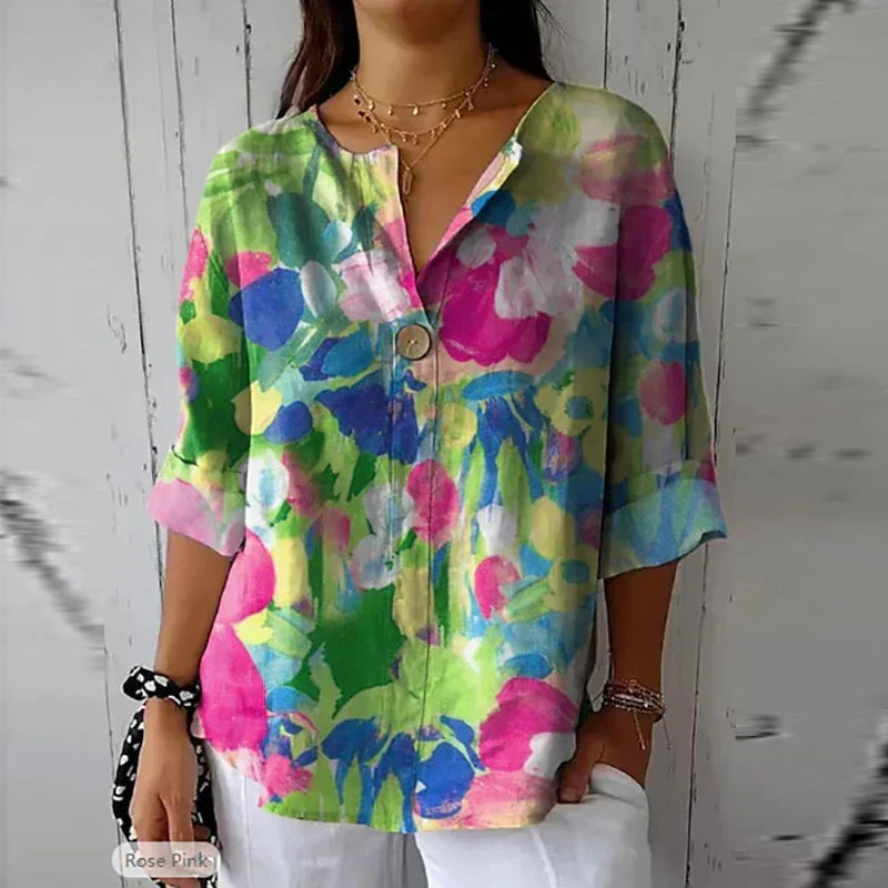 Camicetta floreale - Camicia casual da donna con stampa, vestibilità ampia e abbottonatura-Multicolore 3-S-Modasso