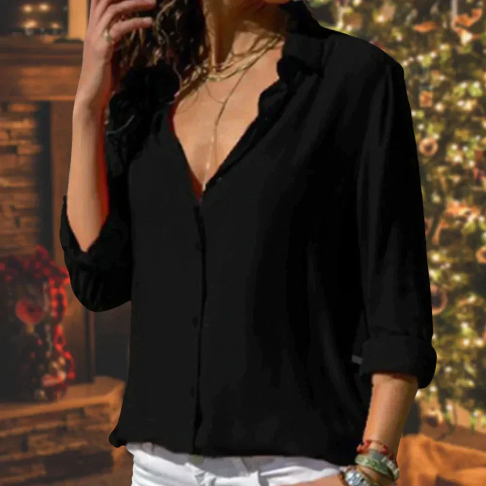 Camicetta in Raso - Camicia leggera a maniche lunghe con bottoni da donna-Nero-S-Modasso
