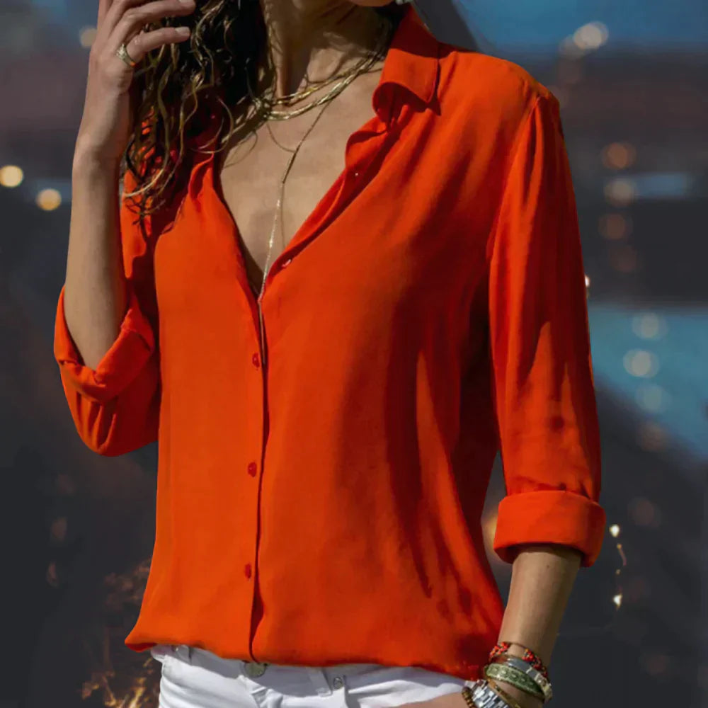 Camicetta in Raso - Camicia leggera a maniche lunghe con bottoni da donna-Rosso-S-Modasso