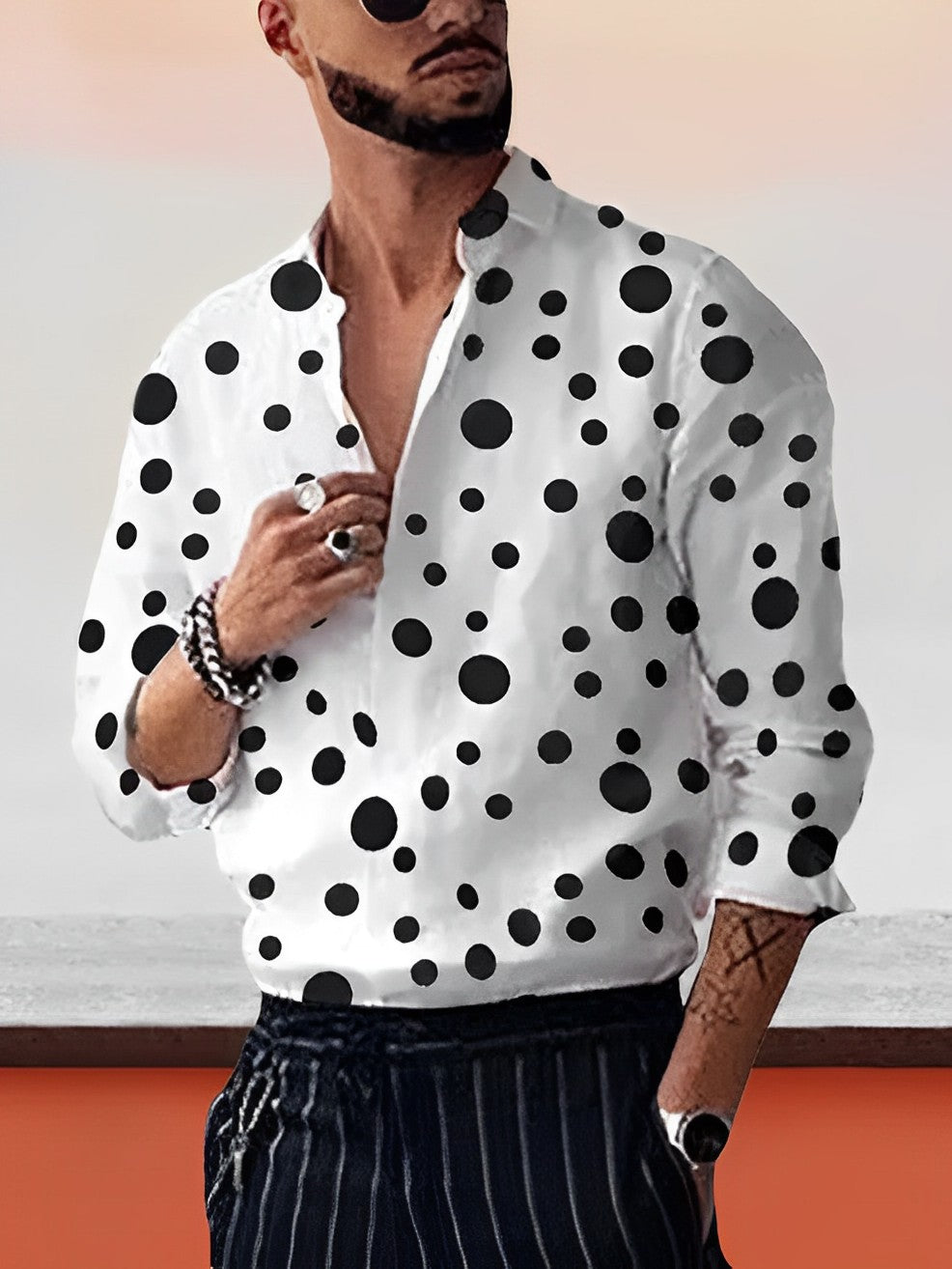 Camicia a pois | Maniche lunghe | Con colletto | Camicia abbottonata | Camicia da uomo-Bianco-M-Modasso