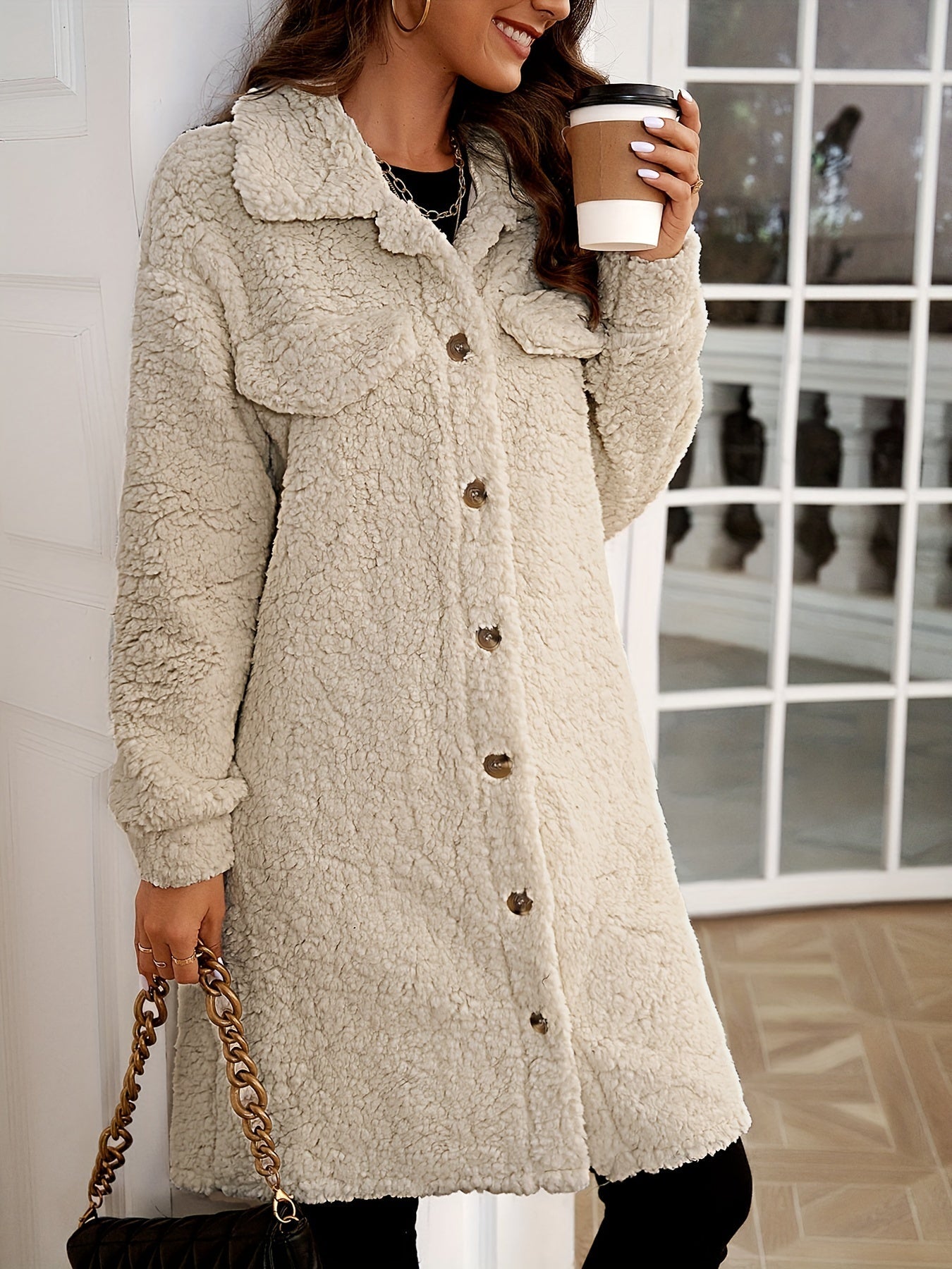 Cappotto Teddy | Lungo | Monopetto | Cappotto in pelliccia sintetica | Cappotto da donna-Modasso