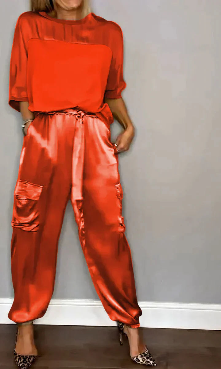 Completo due pezzi, Satin, Coordinato, Pantaloni cargo, Abbigliamento donna-Modaso