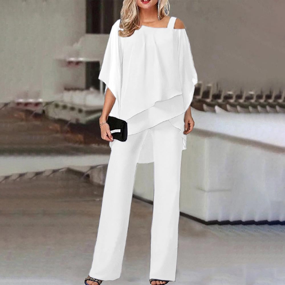 Donna Co-Ord Set – Monospalla - Vestibilità morbida - Set composto da camicetta e pantaloni - Set a due pezzi-Bianco-S-Modasso