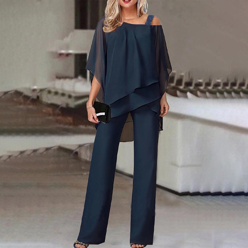 Donna Co-Ord Set – Monospalla - Vestibilità morbida - Set composto da camicetta e pantaloni - Set a due pezzi-Blu Scuro-S-Modasso
