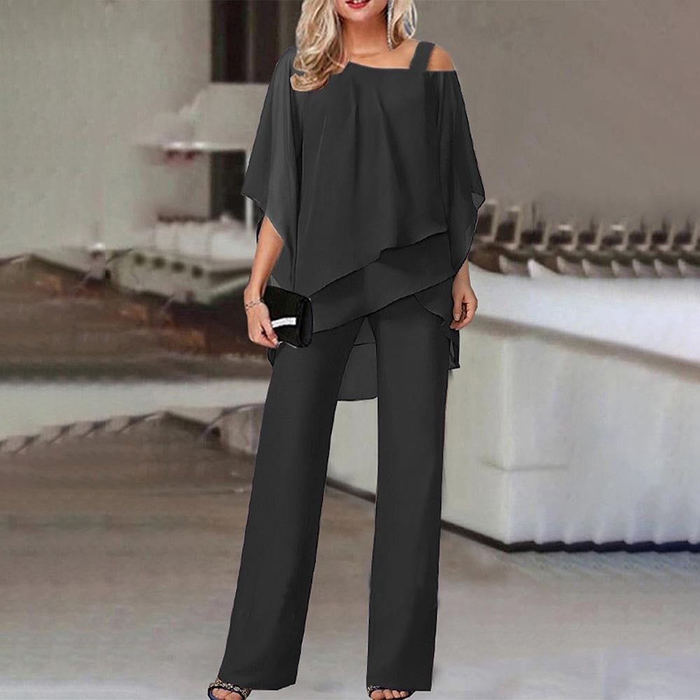 Donna Co-Ord Set – Monospalla - Vestibilità morbida - Set composto da camicetta e pantaloni - Set a due pezzi-Nero-S-Modasso