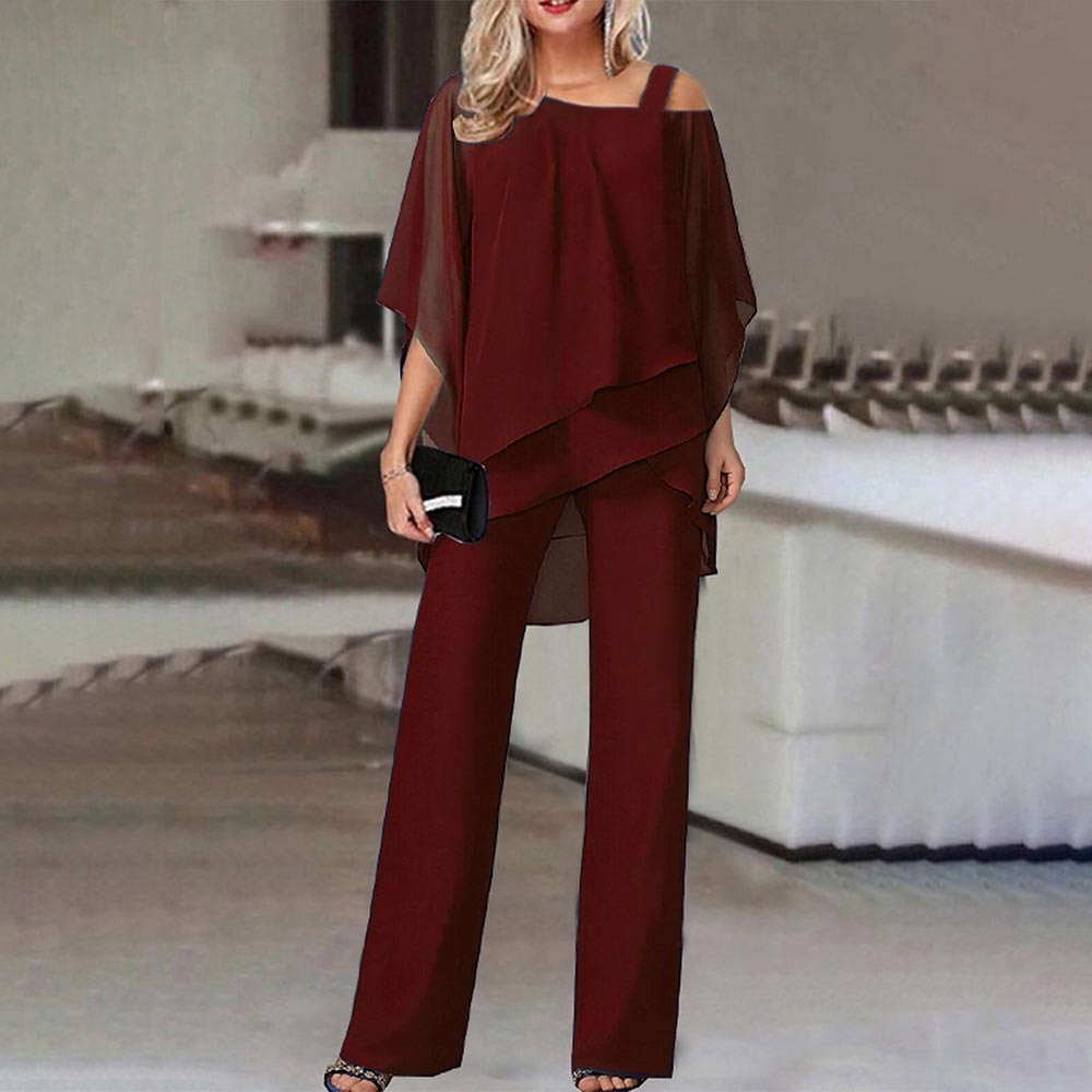 Donna Co-Ord Set – Monospalla - Vestibilità morbida - Set composto da camicetta e pantaloni - Set a due pezzi-Rosso Vino-S-Modasso
