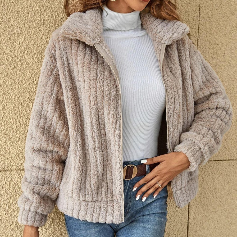 Giacca Donna Pile con Cerniera in Pelliccia Sintetica-Beige-S-Modasso