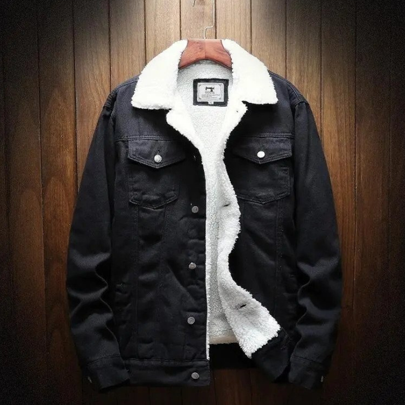 Giacca denim Essentials | Giacca invernale da uomo con fodera in pile-Nero-XS-Modasso