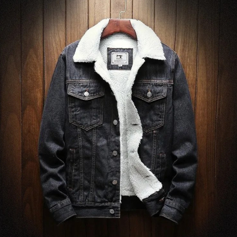 Giacca denim Essentials | Giacca invernale da uomo con fodera in pile-Nero chiaro-XS-Modasso