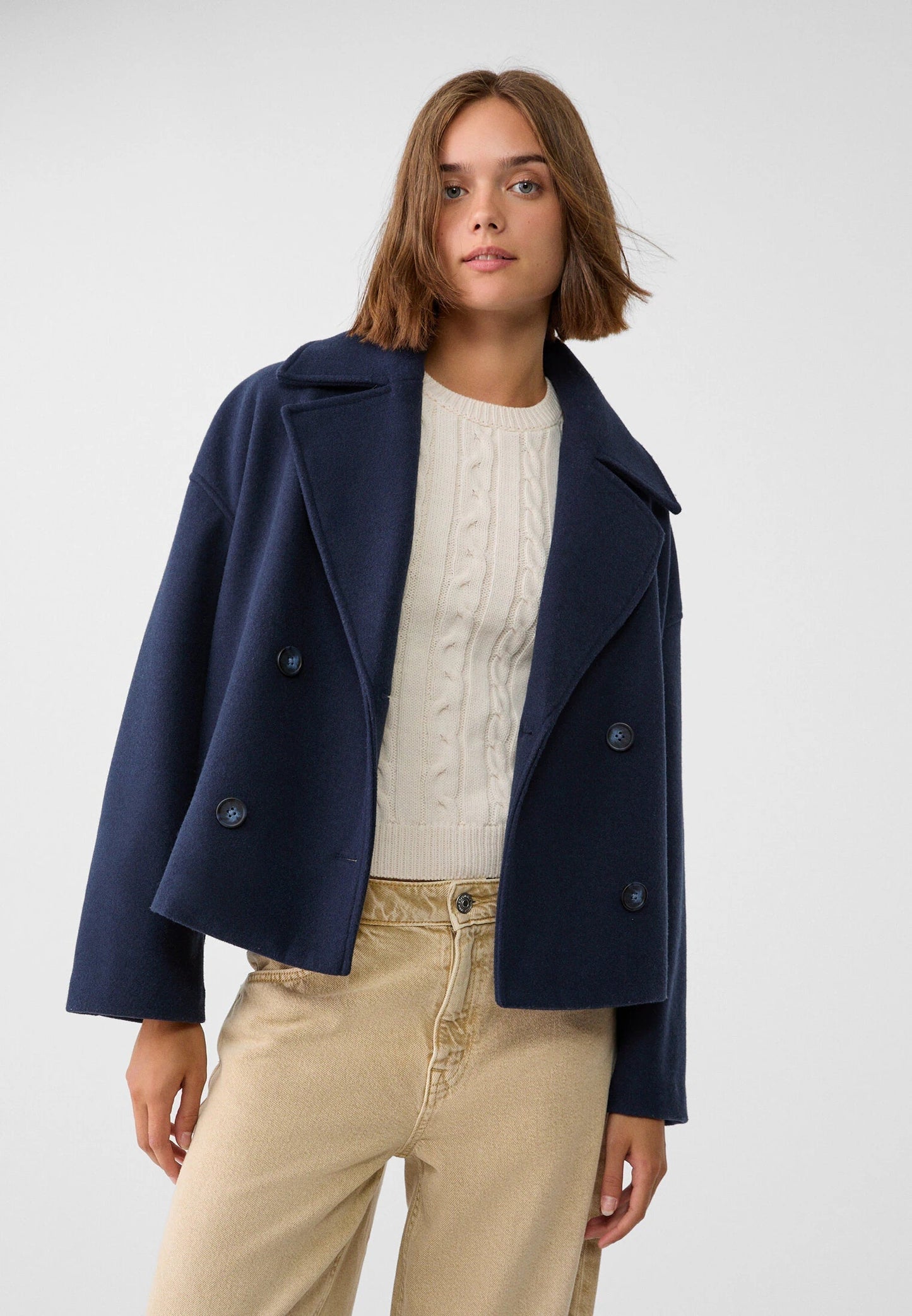 Giacca in misto lana - Oversize - Doppiopetto - Giacca corta in lana - Cappotto in lana da donna-Blu Navy-S-Modasso