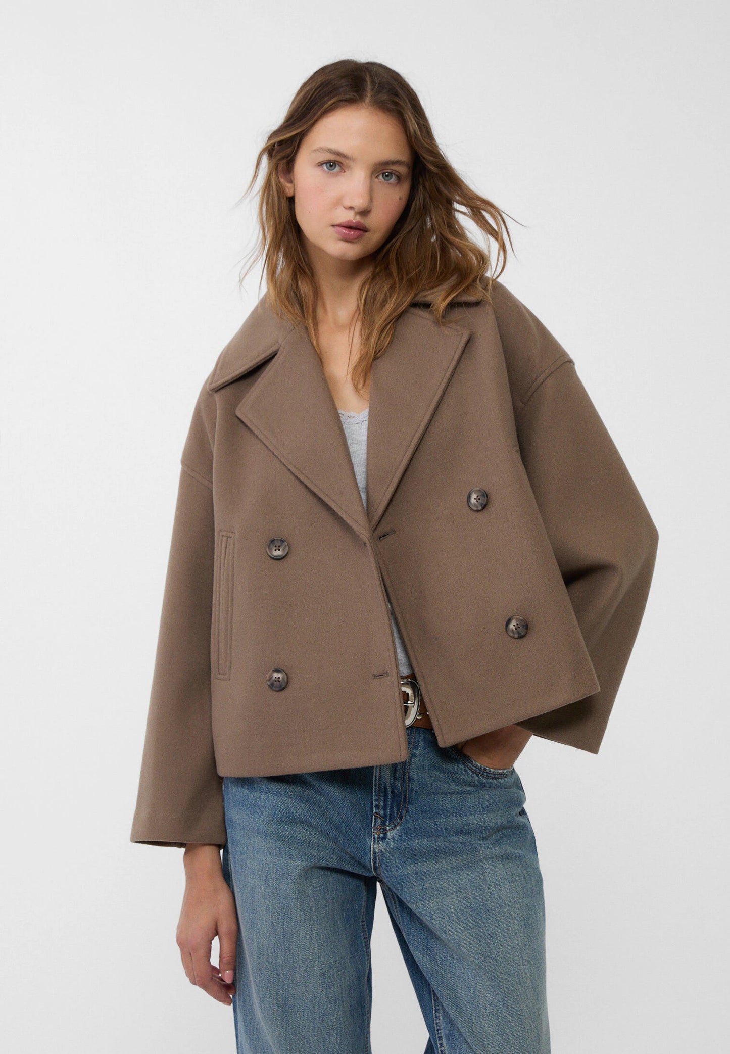 Giacca in misto lana - Oversize - Doppiopetto - Giacca corta in lana - Cappotto in lana da donna-Marrone-S-Modasso