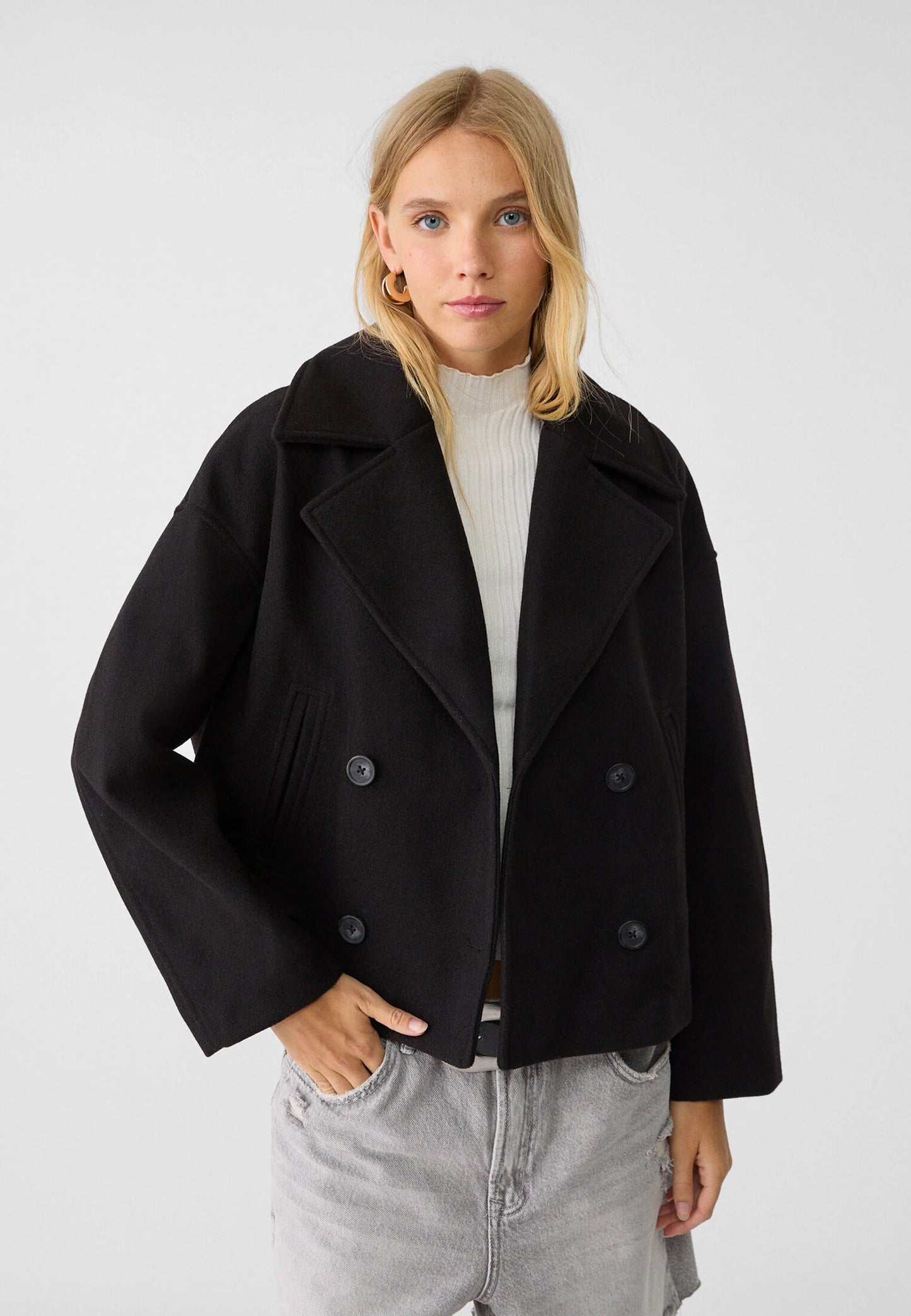 Giacca in misto lana - Oversize - Doppiopetto - Giacca corta in lana - Cappotto in lana da donna-Nero-S-Modasso