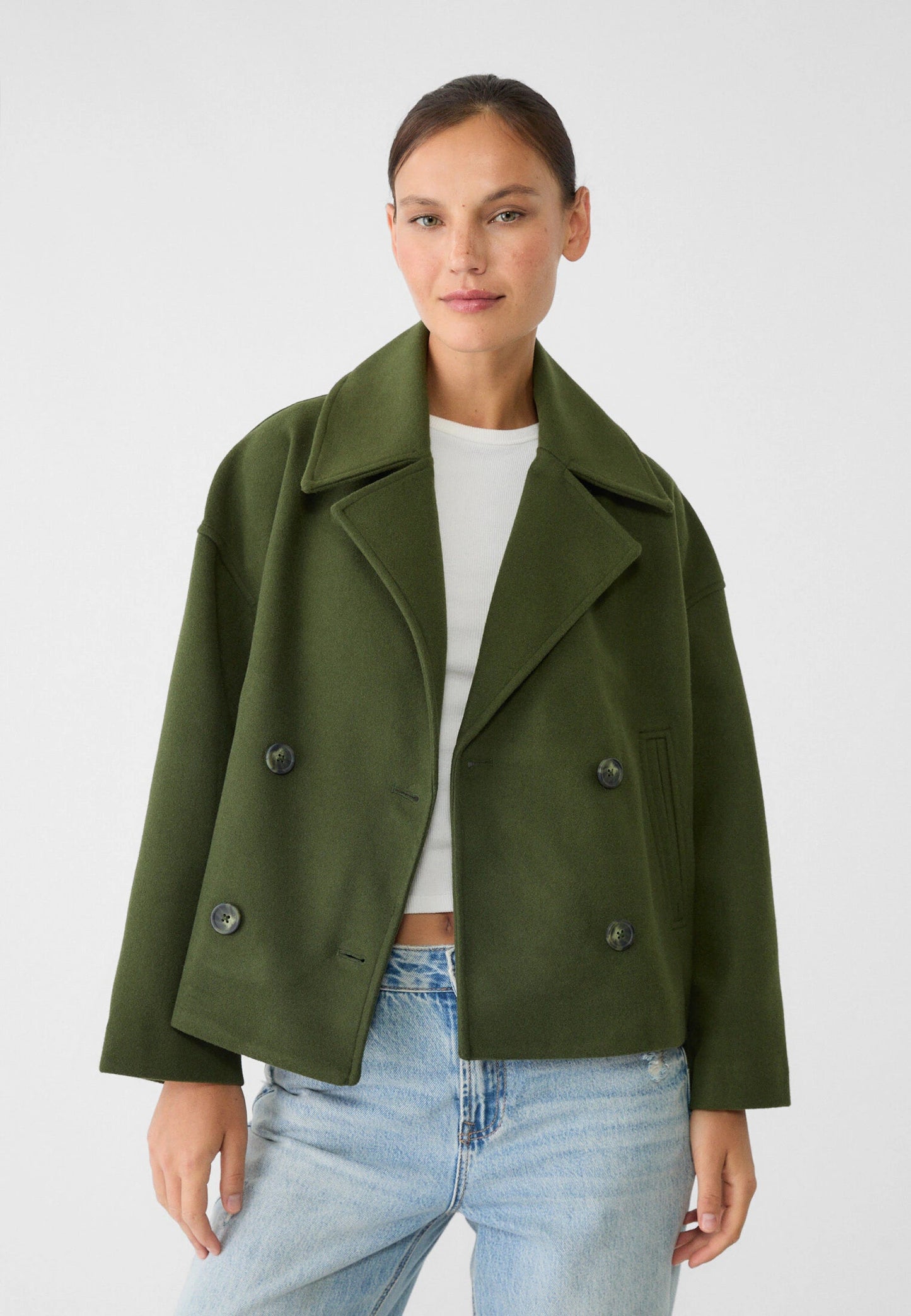 Giacca in misto lana - Oversize - Doppiopetto - Giacca corta in lana - Cappotto in lana da donna-Verde-S-Modasso