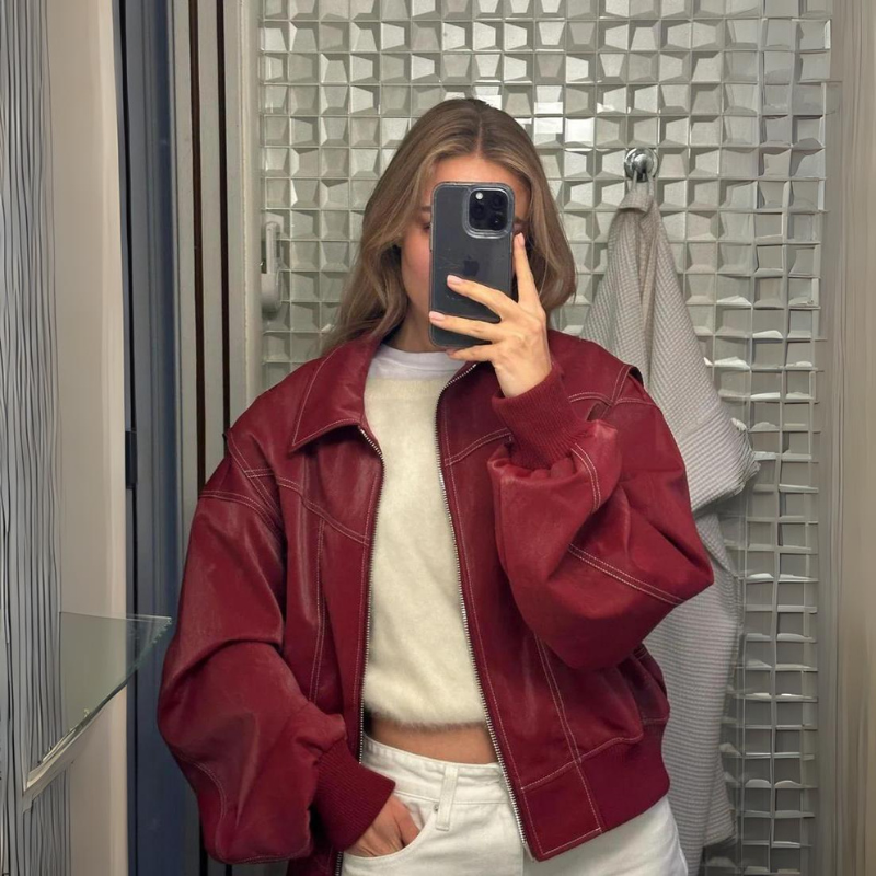 Jacky- Giacca Oversize con Cuciture a Contrasto Rosso-Modaso