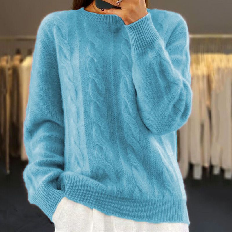 Maglione lavorato a maglia - Maglione da donna caldo a girocollo in maglia a cavo-Blu-S-Modasso