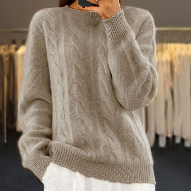Maglione lavorato a maglia - Maglione da donna caldo a girocollo in maglia a cavo-Cachi-S-Modasso