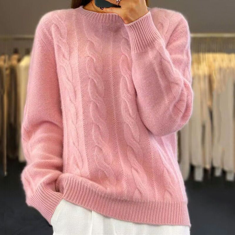 Maglione lavorato a maglia - Maglione da donna caldo a girocollo in maglia a cavo-Rosa-S-Modasso