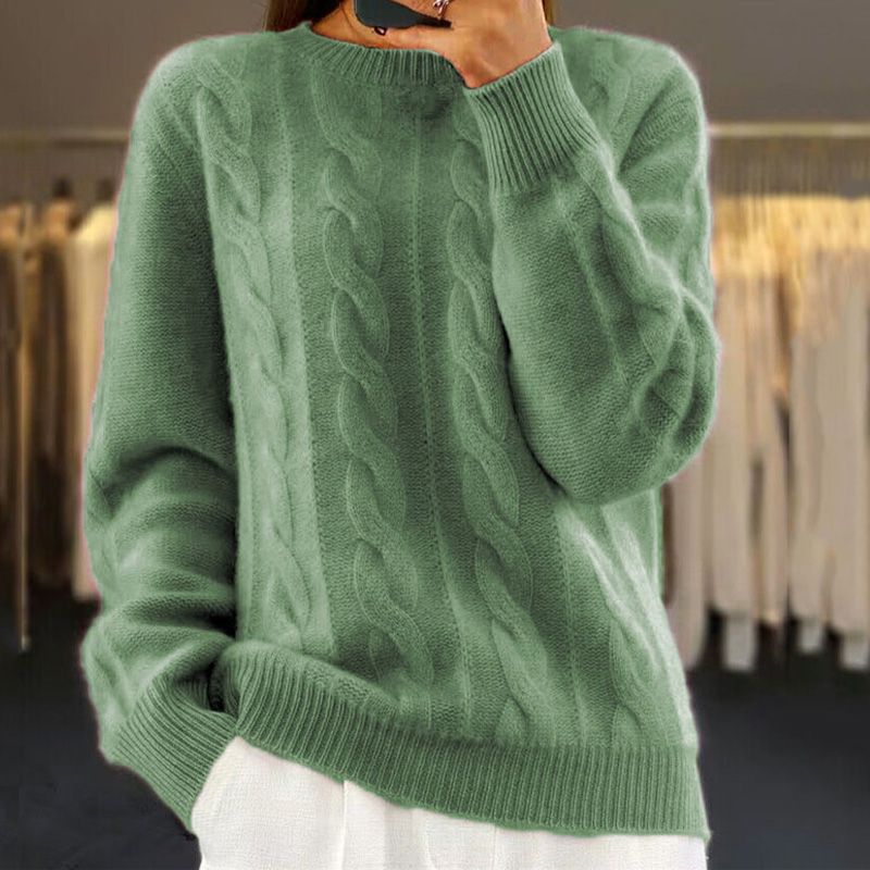 Maglione lavorato a maglia - Maglione da donna caldo a girocollo in maglia a cavo-Verde-S-Modasso