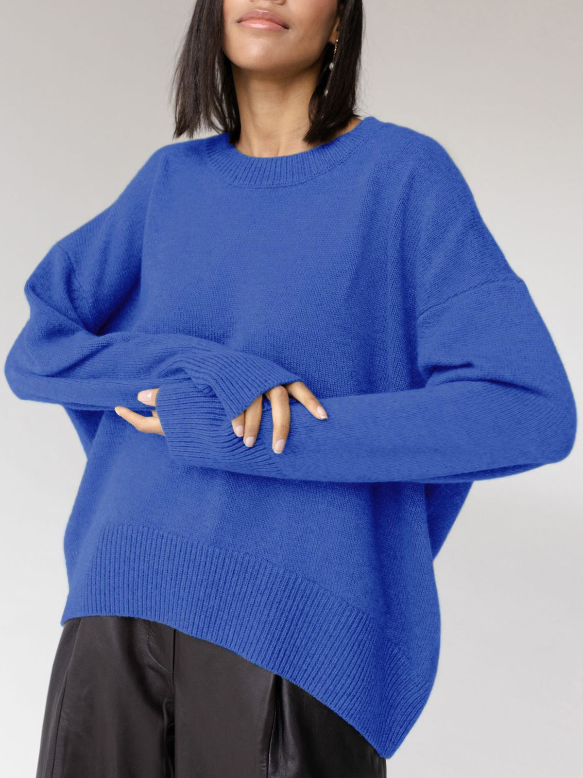 Maglione oversize - Maglione caldo a girocollo da donna-Blu marino-S-Modasso
